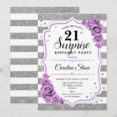 サプライズ21歳の誕生日 - シルバー ホワイト パープル 招待状 (正面/裏面)