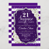 サプライズ21歳の誕生日 – パープルシルバーホワイト 招待状 (正面/裏面)