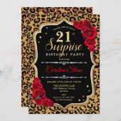 サプライズ21歳の誕生日 – ヒョウ黒金ゴールド赤 招待状 (正面/裏面)
