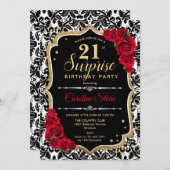 サプライズ21歳の誕生日 – ブラック金ゴールドレッド招待状 招待状 (正面/裏面)