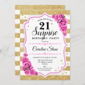 サプライズ21歳の誕生日 – 金ゴールドホワイトピンク 招待状 (正面/裏面)