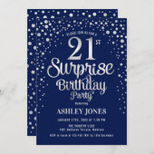 サプライズ21歳誕生日パーティー - シルバー＆ネイビーブルー 招待状 (正面/裏面)