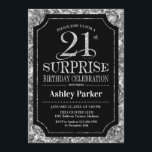 サプライズ21歳誕生日パーティー - シルバー ブラック 招待状<br><div class="desc">サプライズ21歳誕生日パーティーの招待状。エレガントで上品なデザインをブラックと疑似グリッターシルバーパターンで。エレガントなスクリプトフォントを採用。さらにカスタマイズが必要な場合はメッセージください。</div>
