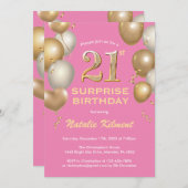 サプライズ21歳誕生日ピンクとゴールドの風船 招待状 (正面/裏面)