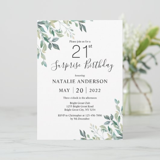 サプライズ21歳誕生日緑のユーカリプタス緑樹 招待状 (スタンド正面)