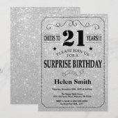 サプライズ21thバースデーブラックアンドシルバーグリッター 招待状 (正面/裏面)