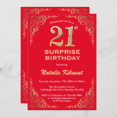 サプライズ21thバースデーレッドと金ゴールドグリッター 招待状 (正面/裏面)