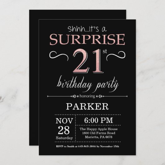 サプライズ21th誕生日ブラックとバラピンク金ゴールド 招待状 (正面/裏面)