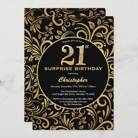 サプライズ21th誕生日ブラックと金ゴールドフローラ 招待状 (正面/裏面)