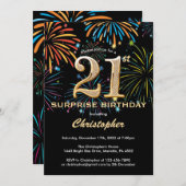 サプライズ21th誕生日ブラック金ゴールドレインボー花火 招待状 (正面/裏面)