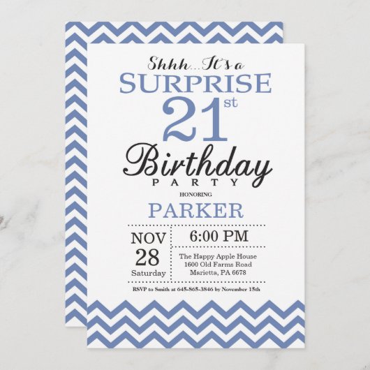 サプライズ21th誕生日ブルーシェブロン 招待状 (正面/裏面)