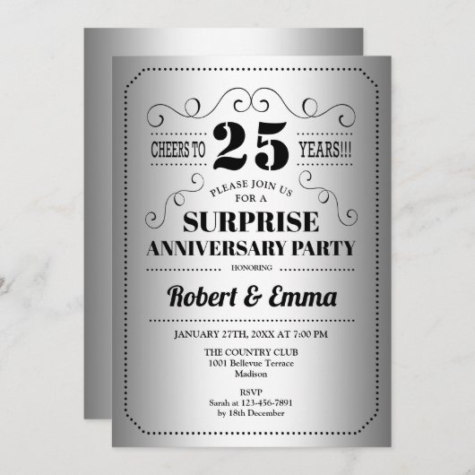 サプライズ25周年パーティー - シルバー ブラック 招待状 (正面/裏面)