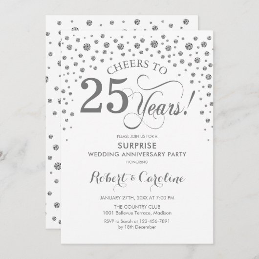 サプライズ25周年パーティー - シルバー ホワイト 招待状 (正面/裏面)