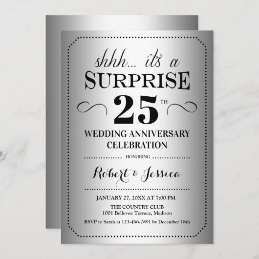 サプライズ25周年結婚記念日 - シルバー ブラック 招待状 (正面/裏面)
