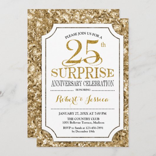 サプライズ25周年結婚記念日 - ホワイトゴールド 招待状 (正面/裏面)