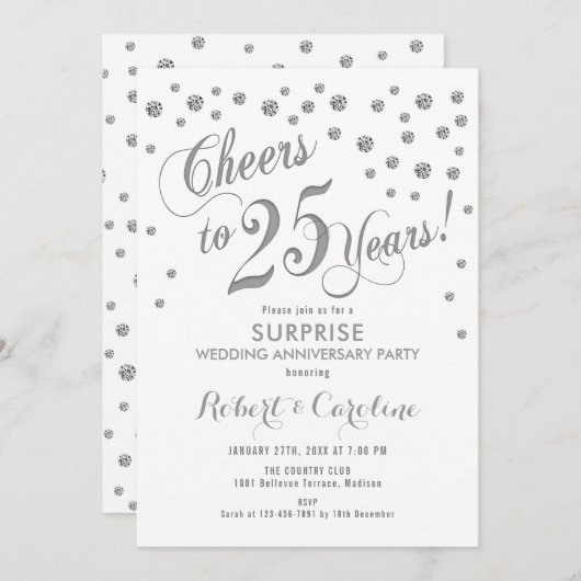 サプライズ25周年結婚記念日 - 白&シルバー 招待状 (正面/裏面)