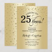 サプライズ25周年記念のお祝い - ゴールド ブラック 招待状 (正面/裏面)