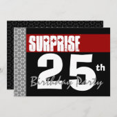 サプライズ25歳の誕生日 モダン ブラックとバーガンディ 招待状 (正面/裏面)