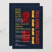 サプライズ25歳 現代風 バースデー レッド ゴールド ブルー W542 招待状 (正面/裏面)