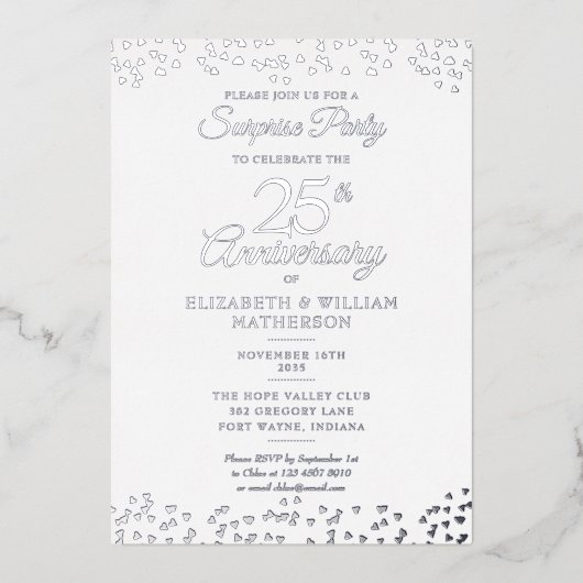 サプライズ25結婚周年記念パーティーシルバー 箔招待状 (正面)