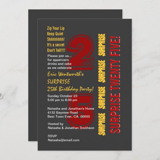 サプライズ25誕生日レッドモダン金ゴールドグレー 招待状 (正面/裏面)
