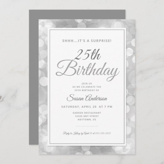 サプライズ25th誕生日パーティー |シルバー《写真》ぼけ味 招待状 (正面/裏面)