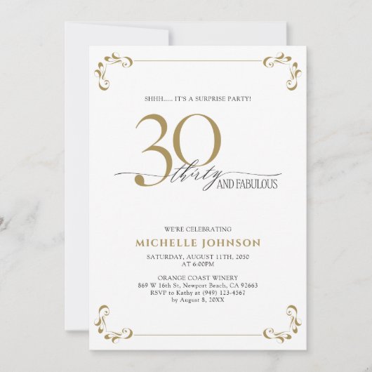 サプライズ30と素晴らしいブラック&金ゴールド誕生日 招待状 (正面)