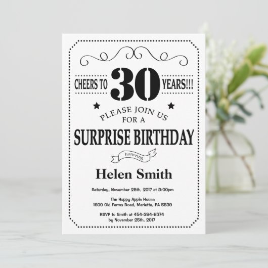 サプライズ30歳の誕生招待状白黒 招待状 (スタンド正面)