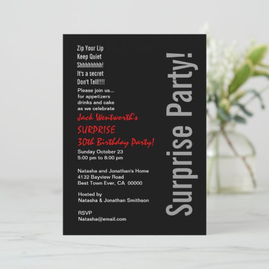 サプライズ30歳の誕生日モダン白黒レッド 招待状 (スタンド正面)