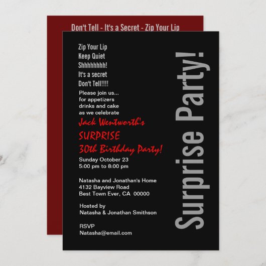 サプライズ30歳の誕生日モダン白黒レッド 招待状 (正面/裏面)