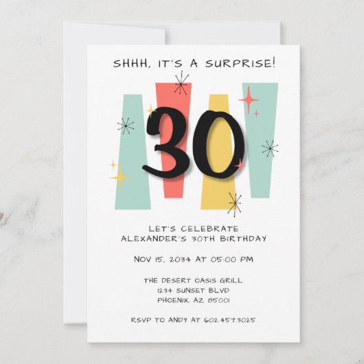 サプライズ30歳の誕生日レトロミッドセンチュリーモダン 招待状 (正面)
