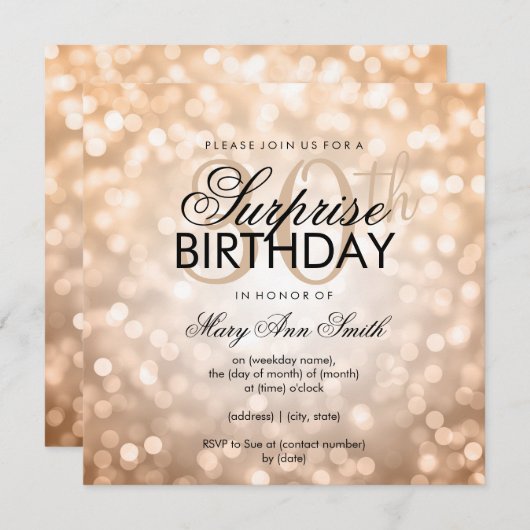 サプライズ30歳誕生日パーティー銅グリッター灯 招待状 (正面/裏面)