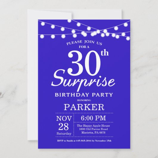 サプライズ30歳誕生日招待状 ロイヤルブルー 招待状 (正面)