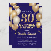 サプライズ30歳誕生日 ネイビーブルーとゴールドの風船 招待状 (正面/裏面)