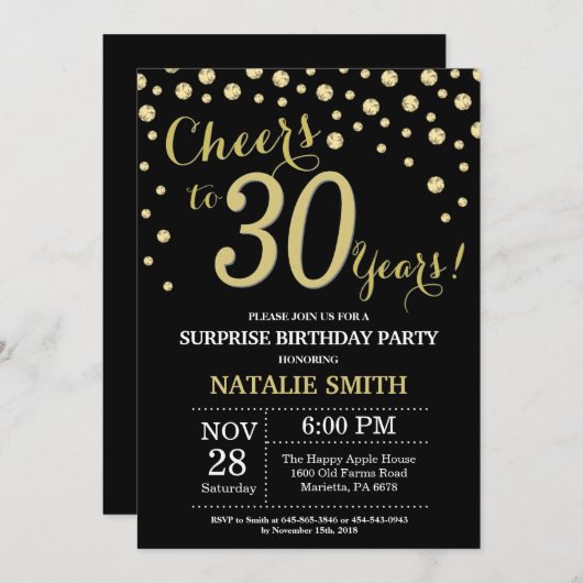 サプライズ30thバースデーブラックと金ゴールドダイヤモンド 招待状 (正面/裏面)