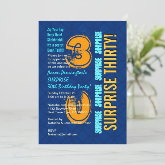 サプライズ30thバースデーモダンタブルーと金ゴールドF544 招待状 (スタンド正面)