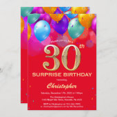 サプライズ30th誕生日の赤と金ゴールドバルーン 招待状 (正面/裏面)