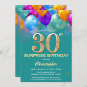 サプライズ30th誕生日ティール(緑がかった色)と金ゴールドバルーン 招待状 (正面/裏面)