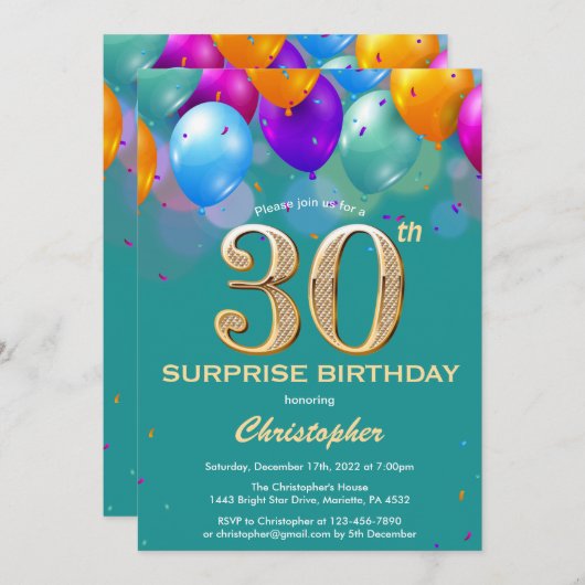 サプライズ30th誕生日ティール（緑がかった色）と金ゴールドバルーン 招待状 (正面/裏面)