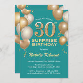 サプライズ30th誕生日ティール（緑がかった色）と金ゴールドバルーン 招待状 (正面/裏面)