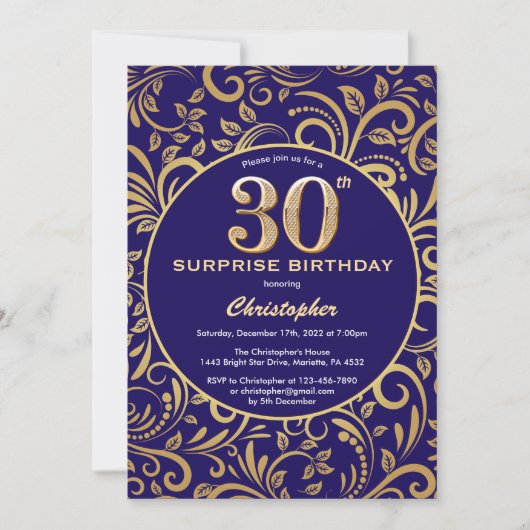 サプライズ30th誕生日ネイビーブルーと金ゴールドフローラ 招待状 (正面)