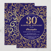サプライズ30th誕生日ネイビーブルーと金ゴールドフローラ 招待状 (正面/裏面)