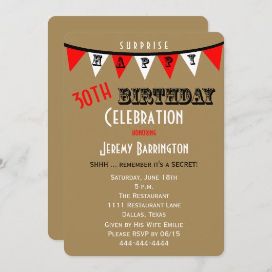 サプライズ30th誕生日パーティの招待状バンティング 招待状 (正面/裏面)