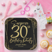 サプライズ30th誕生日パーティーブラック&金ゴールドグリッター ペーパープレート (パーティー)