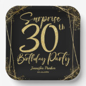 サプライズ30th誕生日パーティーブラック&金ゴールドグリッター ペーパープレート (正面)