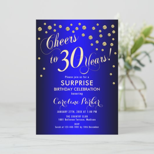サプライズ30th誕生日パーティー王室の – 青金ゴールド 招待状 (スタンド正面)
