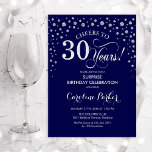 サプライズ30th誕生日パーティー – ネイビーブルーシルバー 招待状<br><div class="desc">サプライズ30th誕生日パーティの招待状。ネイビーエレガントブルーとグリッターシルバーのフェイクデザイン。スクリプトフォントとダイヤモンド紙吹雪の機能。応援30年！メッセージもしの詳細なカスタマイズが必要。</div>