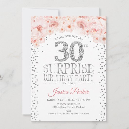 サプライズ30th誕生日パーティー – ホワイトシルバーピンク 招待状 (正面)
