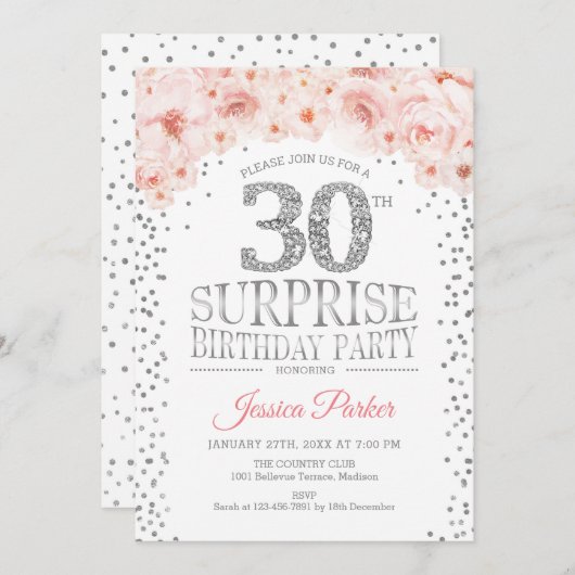 サプライズ30th誕生日パーティー – ホワイトシルバーピンク 招待状 (正面/裏面)