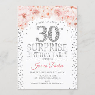 サプライズ30th誕生日パーティー – ホワイトシルバーピンク 招待状